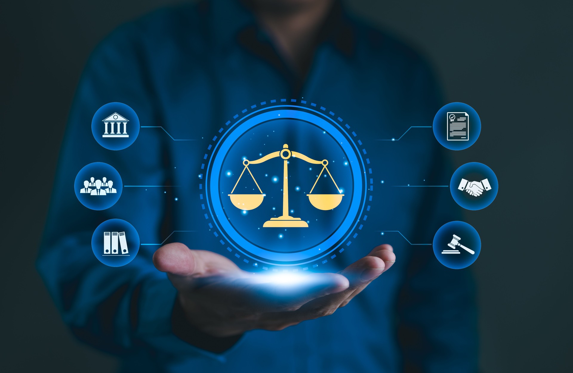 Law concept. Legal Professional with Justice Icons. A professional holding virtual icons symbolizing law, justice, and legal services. business legislation, Notary public, legal advice online, Lawyer,